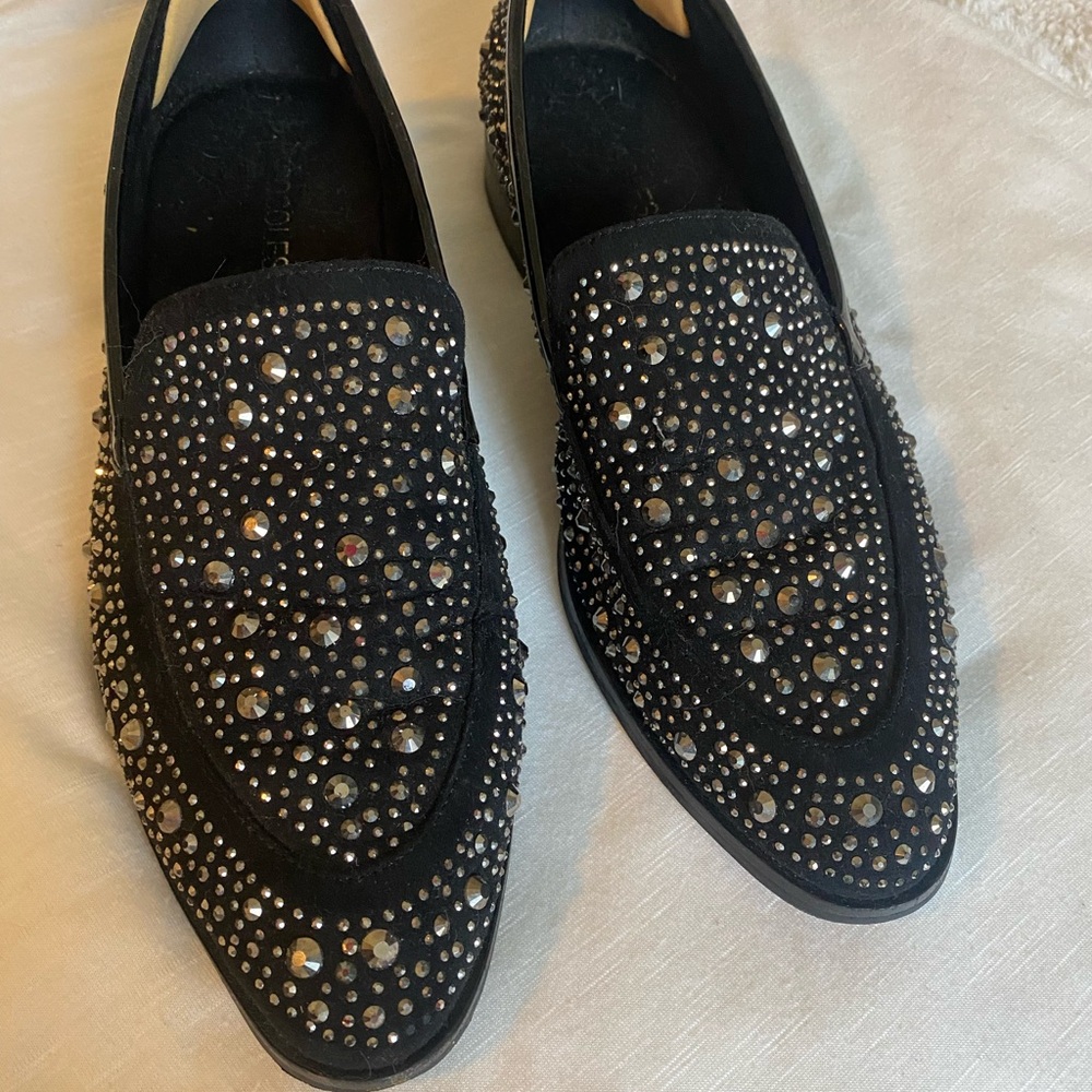 Black Studded Slip-On Loafers with Rhinestone Embellishments